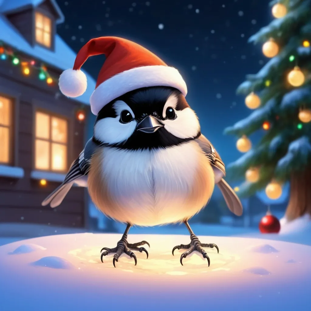 Prompt: Cute Pixar style painting, an adorable chickadee, fat, angry, christmas, midnight, ornaments, window of a house, town, christmas tree, gifts, Santa hat, christmas lights, nebula, galaxy, stars, fireflies, glowing,  snow, soft light, 4k, beautiful 