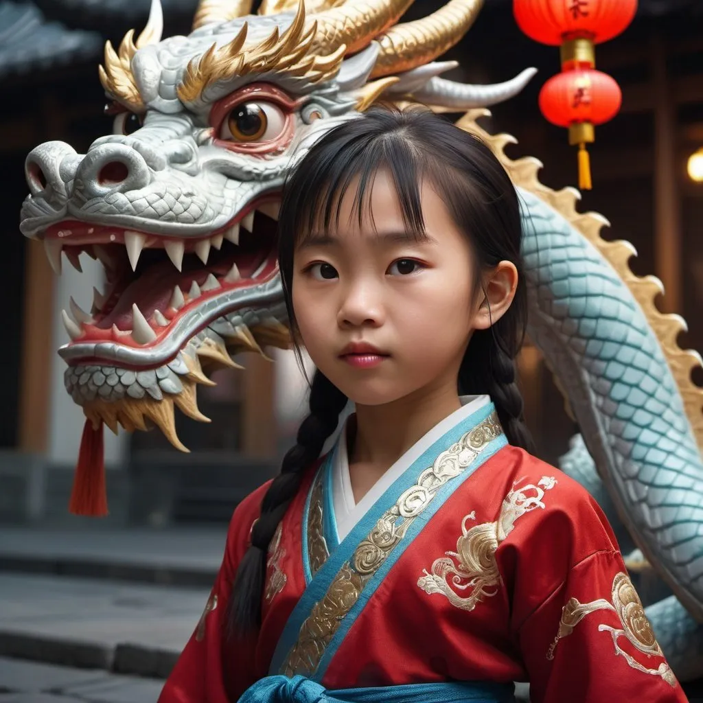 Prompt: old Chinese Dragon near from young russian girl 4 years old Chinese warrior, Kung-Fu, Orthodox church, full cinematic wide angle shot, traditional Chinese clothing, ancient Chinese folk style, minimalisms necklace, intricate, elegant, coiled up hair, colorful, WLOP, art germ, 8k, epic, sharp focus, hyper-realism painting, concept art, matte painting, 8k resolution, digital art, filigree, rim lighting,  Tokyo busy night street background, 
Realistic skin textures, imperfect skin, wink, naughty giggling, sparkle-core, candy core, , Miki Asai Macro photography, close-up, hyper detailed, trending on artstation, sharp focus, studio photo, intricate details, highly detailed, by greg rutkowski