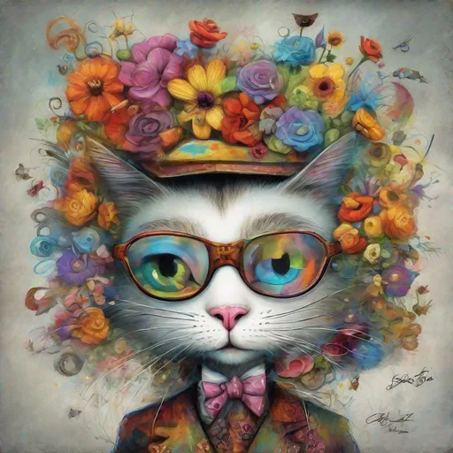 Prompt: Mr. Cat                                                                                                                                                                                                                                                                                                        
                                                                                                                                                                  
In style of Alexander Jansson, style Picasso, assured features, clean looks, expressive faces, inventiveness, originality, detailed, ambitious creation, clear and bright colors, artistic rendering, wonderful dream, cat , flowers. Retouch by pencil by Tim Burton (prompt modified by Stef)