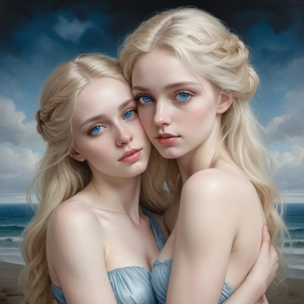 Prompt: A hyperrealistic, full length picture of a pale, blonde, blue eyed Goddess. In the arms of her lover