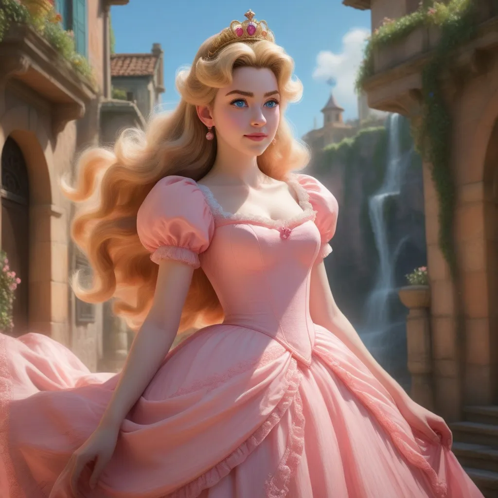 Prompt: Digital style painting, Princess Peach, style of Pixar, blue eyes, pink dress, Fragonard, highly-detailed, cinematic, washed out palette, soft pastel color palette, light trails, sunny day, translucent, iridescent, long hair, arms visible, perfect composition, hyperrealistic, super detailed, 8k, high quality, sharp focus, intricate details, highly detailed, dynamic lighting, detailed and intricate environment, highest quality