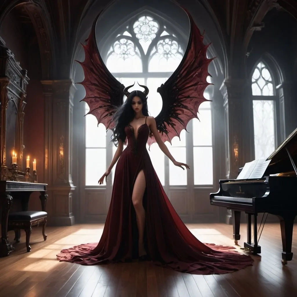 Prompt:  a scene set in a lavish, dimly-lit room with intricate Gothic architecture. At the center, a grand piano with polished black wood and golden accents. A beautiful demoness, with delicate, slightly iridescent horns and glowing, amber eyes, sits elegantly at the piano. Her long, flowing hair cascades down her back, blending into a luxurious, deep crimson gown that trails onto the floor. Her fingers, adorned with ornate rings, glide over the keys as she plays a hauntingly beautiful melody. Her wings, dark and translucent, are partially unfurled, adding a dramatic flair to the scene. Candlelight flickers around the room, casting enchanting shadows on the walls, enhancing the ethereal and captivating atmosphere.