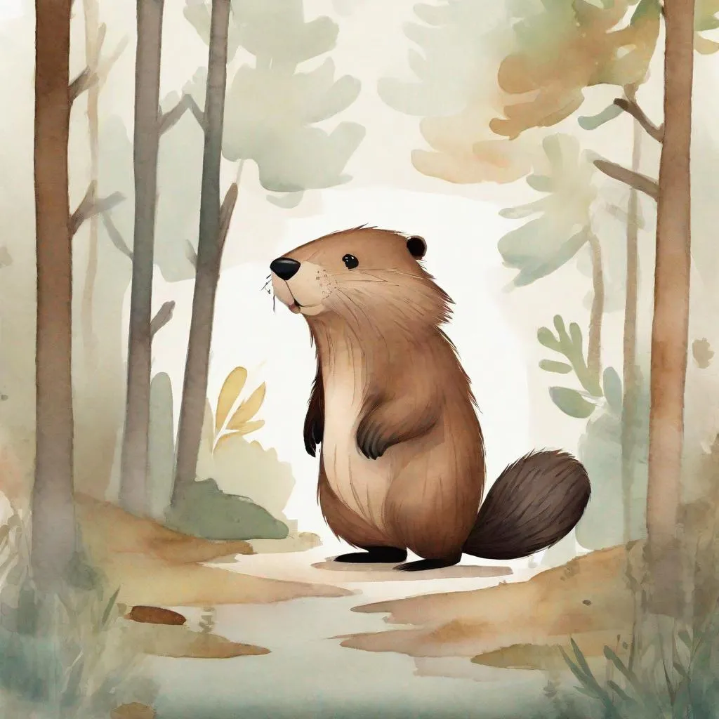 Prompt: strybk, strybk, cute beaver tail showing, kids story book style, muted colors, watercolor style, kids story book style, muted colors, watercolor style