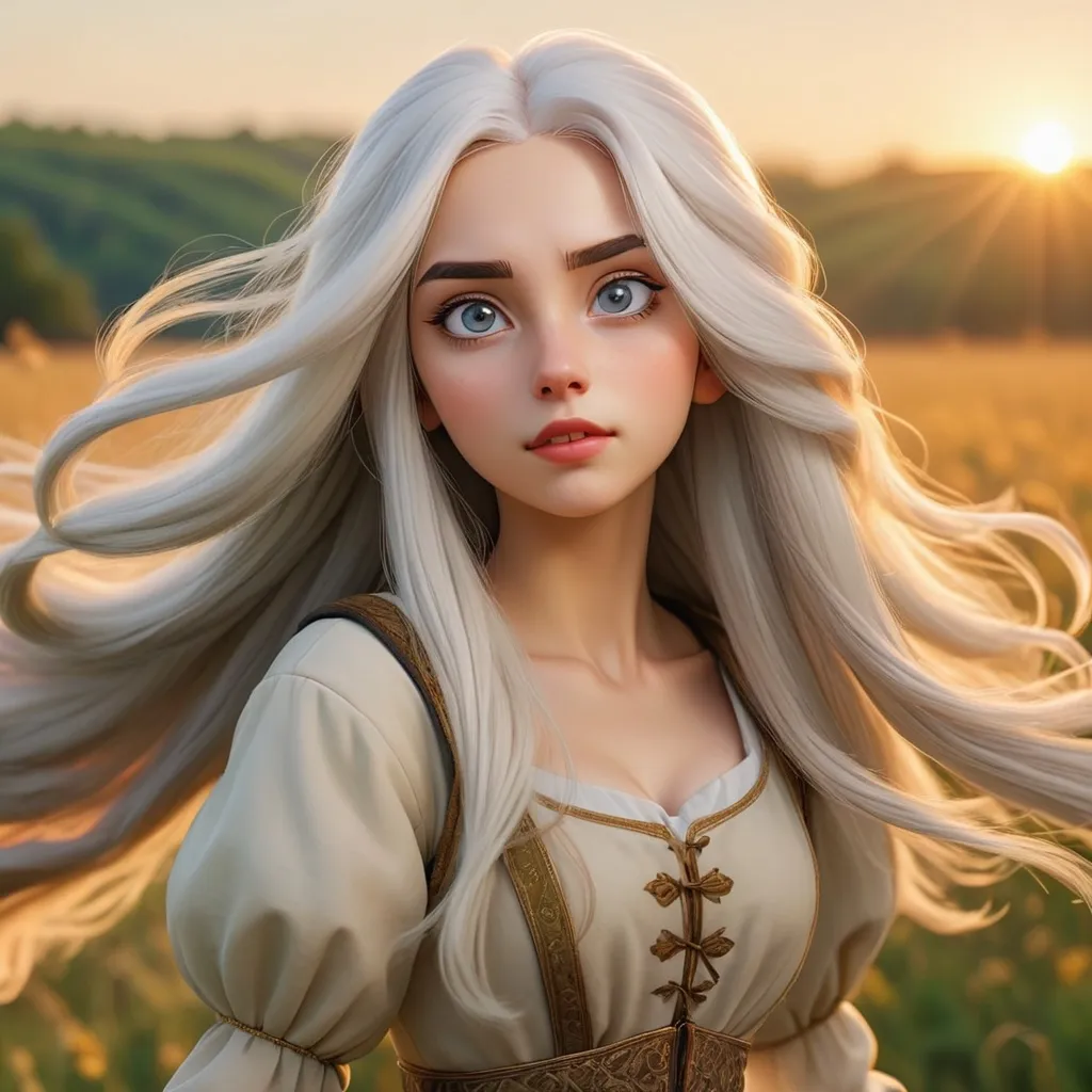 Prompt: beautiful 20 year old women with white hair, white eyebrows, light skin, realistic, ultrarealistic, high quality art, bright eyes, long hair, beauty, real, long hair, symmetrical, anime wide eyes, fair, delicate, medieval, running in a field at golden hour, royal