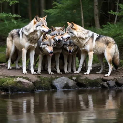 Prompt:  a harmonious scene of wolves gathered around a freshwater stream, drinking and socializing, showcasing the unity and cooperation within the pack.