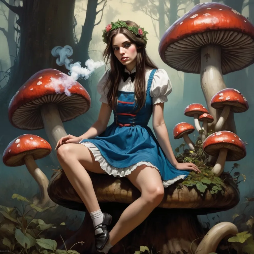 Prompt: ((realistic)) ((highly detailed)) ((Breathtaking beautiful attractive close-up full-body)) ((high-tripping ((in a smokey area)) Bohemian Disney Princess ((American Mcgee's Alice)) in Wonderland (((blowing smoke from her mouth))) sitting with leg dangle with one leg dangling off the ground sitting on a giant mushrooms growing)) ((pin-up art)) ((by Brian Kesinger)), ((by Android Jones)), ((by Alayna Lemmer)), ((by Hannah Yata)), ((by Charlie Bowater)), ((by Jimmy Lawlor)), ((by John William Waterhouse)), ((detailed background by Jeff Legg)), (wearing flower hair wreath) and (hemp and mini-dress) and ballet flats, Marijuana growing.