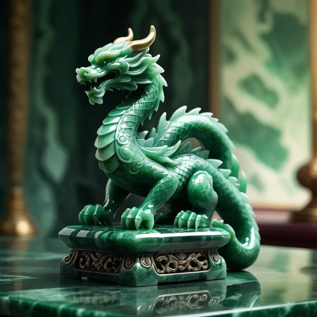 Prompt: Jade dragon figurine perched elegantly on a lustrous green marble table, shadows playing across its carved scales, reflected light emphasizing the translucence of the stone, background blurred, focus on intricacies of the figure, digital painting, vivid colors, ultra fine detail.