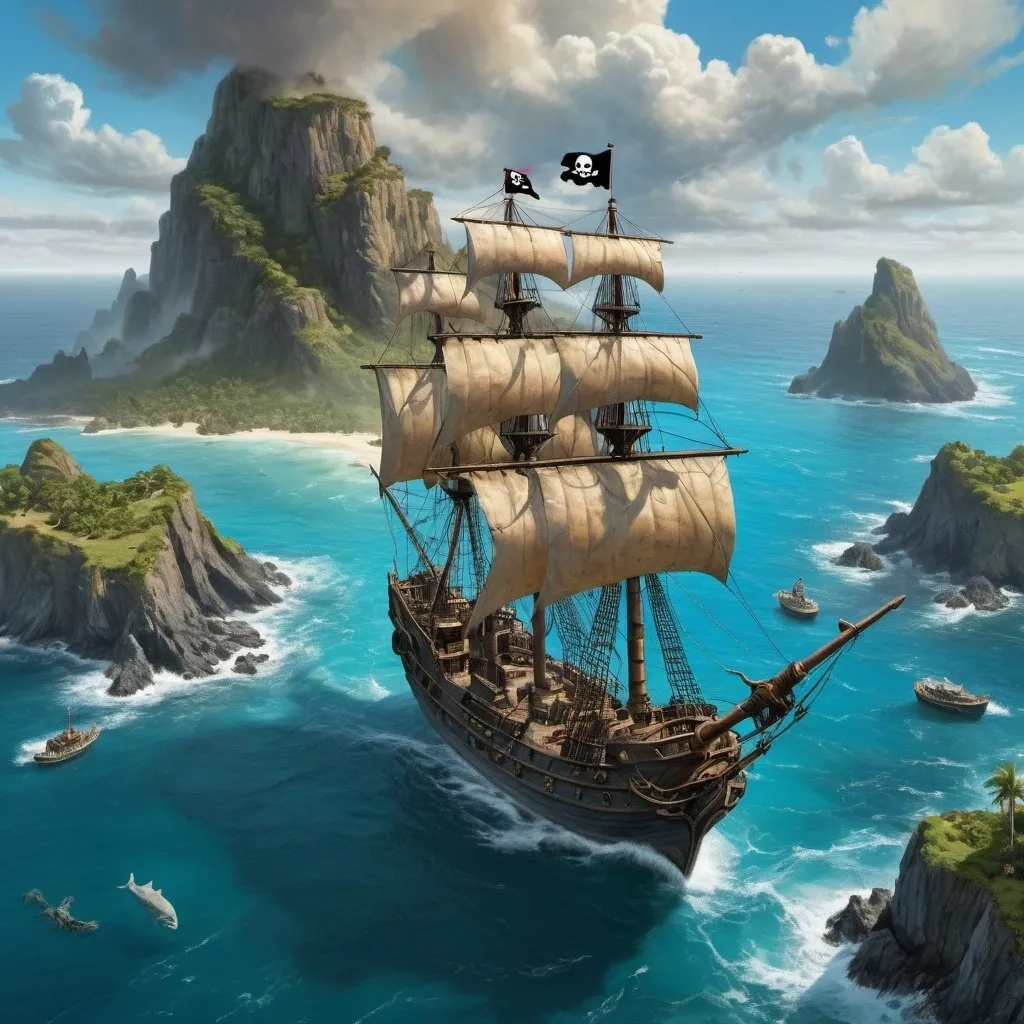 Prompt: The pirate ship sails towards skull island, View from above. Gary Walten capturing dreamscape ocean, mounted display, highly detailed digital painting, award-winning, fantastic view, ultra fine, breathtaking surreal masterpiece