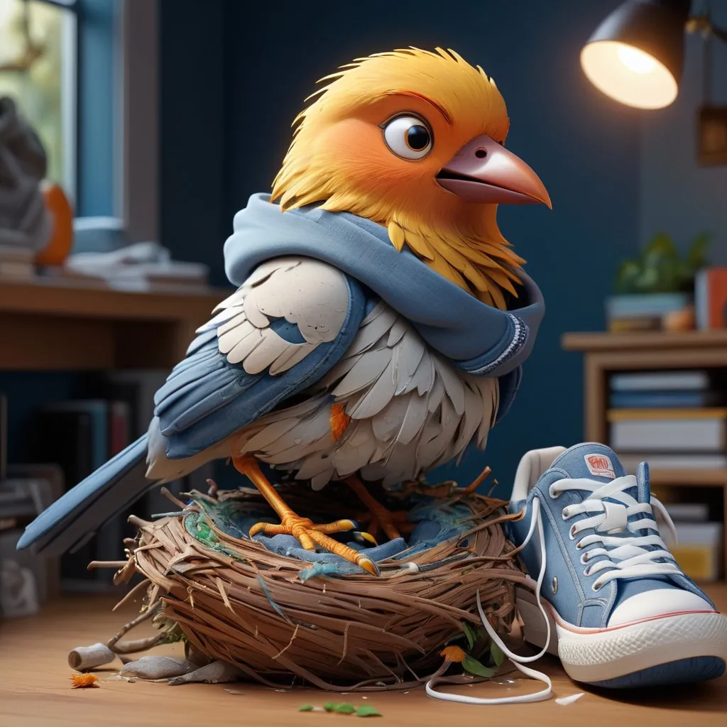 Prompt: Extremely realistic bird. In a sweatshirt, jeans and sneakers. Making a nest. Volumetric lighting, maximalist photo illustrations, 8K concept art, meticulously detailed, complex, expansive, fantastical.