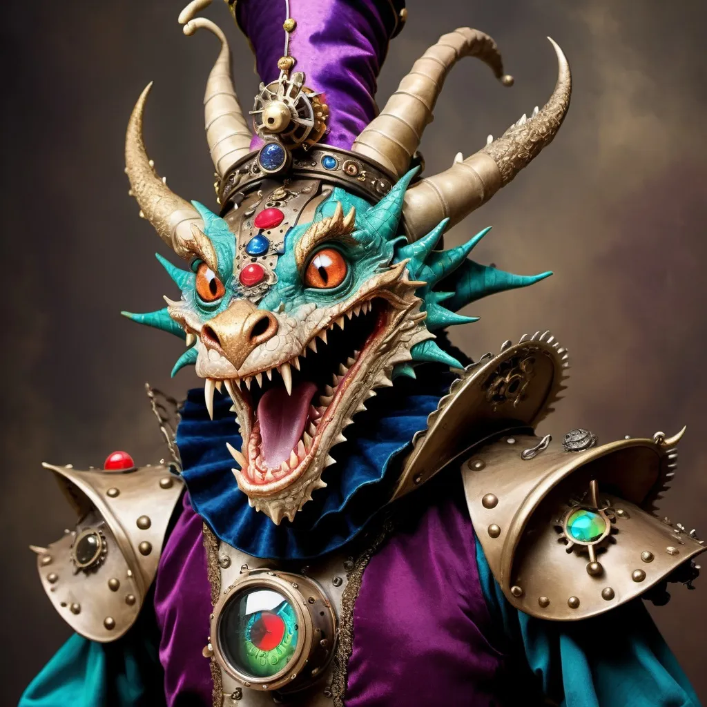 Prompt: Dragons magical Startled Steampunk 12th Century court Jester dragon with king accoutrements humorously reacts with a startled scream