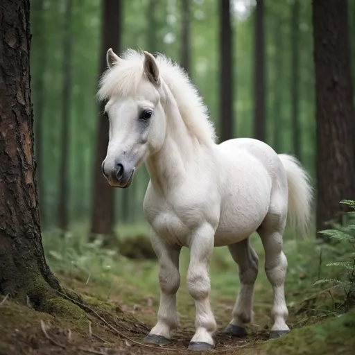 Prompt: fluffy little horse in the forest