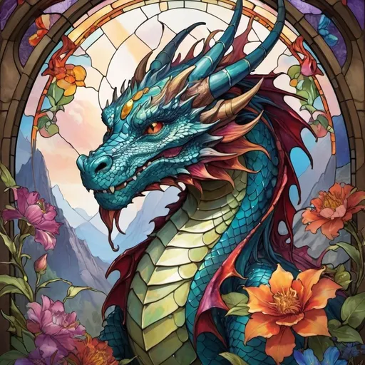 Prompt: Dragon,  Rich colors and a fantasy aesthetic
Add floral accents, hints of stained glass, and water ink effects to items, portraits, and landscapes while amping up the vibrancy