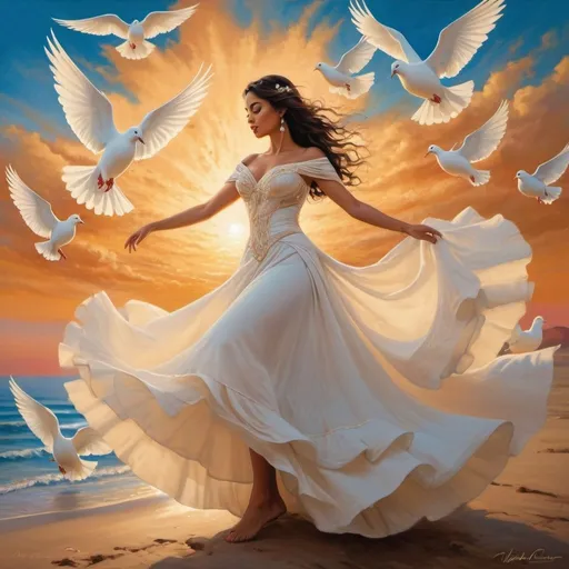 Prompt:  an enchanting image of a stunning Hispanic woman adorned in a flowing dress composed entirely of pristine white doves. This artwork captures the grace and majesty of her swirling dance, high above the world, suspended in the vibrant canvas of the vast, expansive, blue sky. Bathed in the soft glow of sunset's warm amber hues, her captivating spin captivates and entrances. The image radiates a digital enchantment, bearing intricate details and high-resolution colors, reminiscent of the photographs by late 19th-century photographers. Preserve an impression of enhanced photography while harmoniously blending human form, animal world, and the fleeting serenity of a sublime sunset.