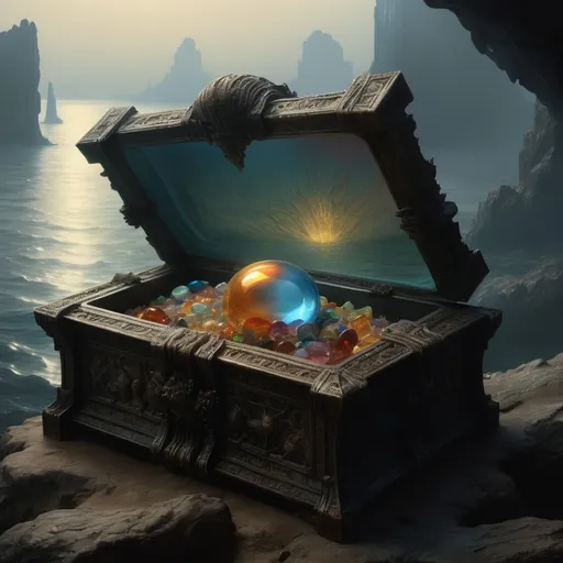 Prompt: Gems filled treasure box placed on an island between huge sea, perfect composition, beautiful detailed intricate insanely detailed octane render trending on artstation, 8 k artistic photography, photorealistic concept art, soft natural volumetric cinematic perfect light, chiaroscuro, award - winning photograph, masterpiece, oil on canvas, raphael, caravaggio, greg rutkowski, beeple, beksinski, giger