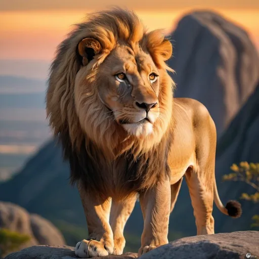 Prompt: In the fading light of the day, a lone lion stands atop a rocky outcrop, its mane glowing in the warm hues of the sunset, surveying its kingdom with a regal air., Miki Asai Macro photography, close-up, hyper detailed, trending on artstation, sharp focus, studio photo, intricate details, highly detailed, by greg rutkowski