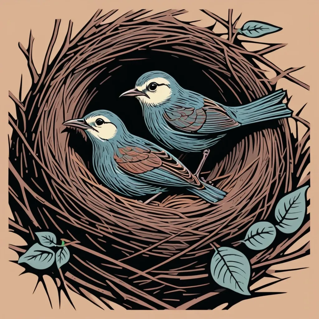 Prompt: Linocut illustration of bird in a nest