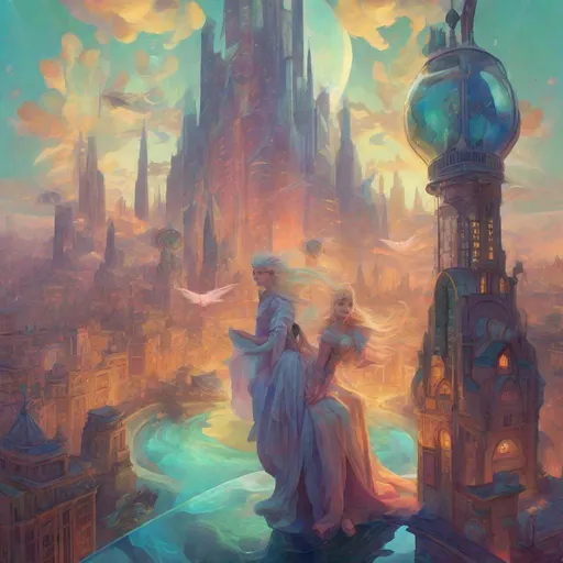 Prompt: A surreal digital painting seamlessly blending elements of different worlds into one fantastical scene. Crystal castles float above a futuristic city where dragons soar between skyscrapers. Imaginative visual storytelling merges themes of magic and technology. Vibrant colors and lighting enhance the mood. Rendered in the fantasy art style of Alphonse Mucha.