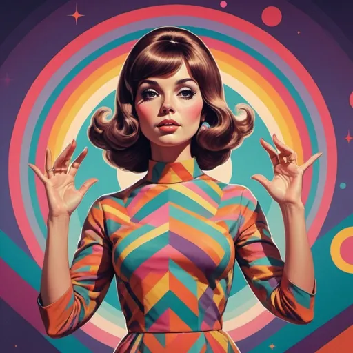 Prompt: Full color illustration, A woman, in the style of 60s kitsch and psychedelia, full body, sharp lighting, highest quality, ultra sharp, ffffound, ultra detailed, magical universe, Dynamic pose, bright and uplifting color hues, misc-geometric