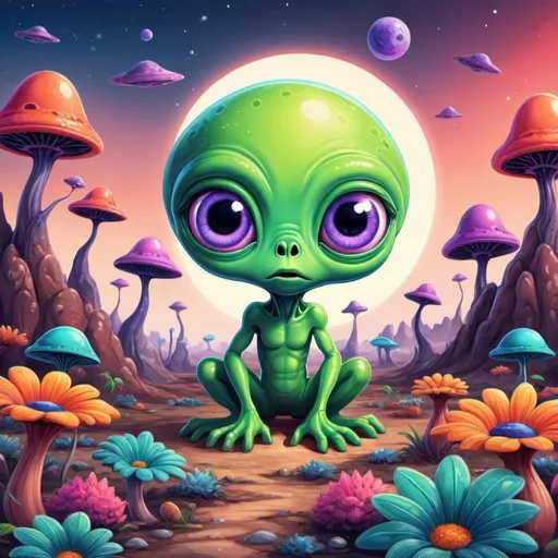 Prompt: Whimsical, cute alien, cartoon style, vibrant colors, large expressive eyes, playful demeanor, alien landscape, otherworldly plants, best quality, high resolution, vibrant, cartoon, cute, whimsical, otherworldly, playful, expressive eyes, alien landscape, vibrant colors, professional