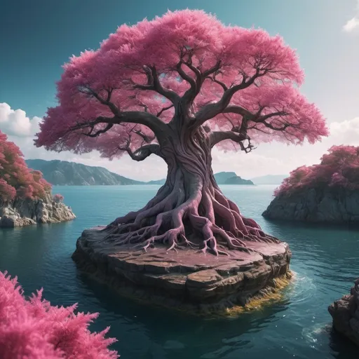 Prompt: Q, 7, ♥, e, a tree on a rock in the middle of the ocean, colorful otherworldly trees, fantasy magical vegetation, fantasy tree, cosmic tree of life, tree of life, the tree of life, magical tree, pink trees, the world tree, pink tree beside a large lake, a beautiful tree, cosmic tree, magic tree, fantasy photography, fantasy beautiful, by Ank , ultra hd, realistic, vivid colors, highly detailed, UHD drawing, pen and ink, perfect composition, beautiful detailed intricate insanely detailed octane render trending on artstation, 8k artistic photography, photorealistic concept art, soft natural volumetric cinematic perfect light