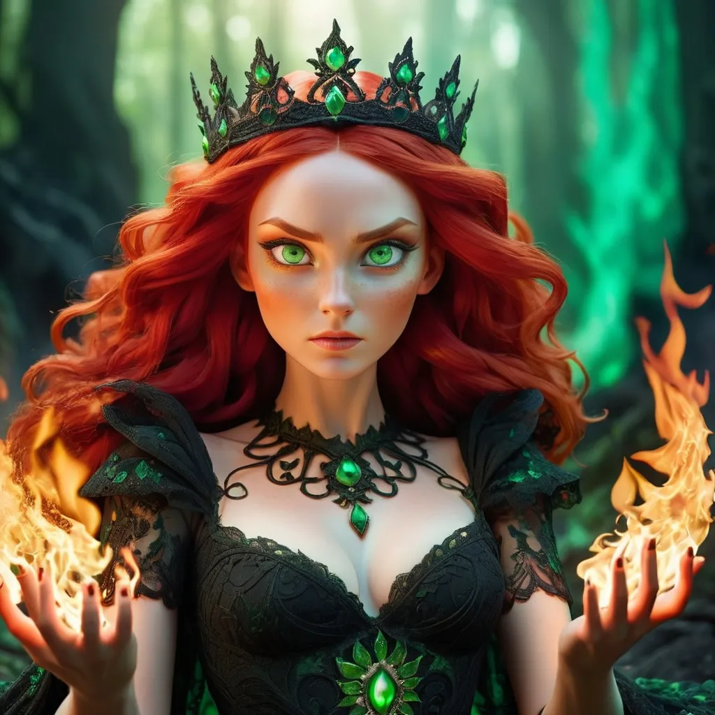 Prompt: Fire goddess in black dress, red hair, green eyes, mythical background,  elemental goddess, crown of fire, fire in her hands,   mythical, fire elemental,  detailed red hair, intense clear green eyes, black beautifull gown of lace, atmospheric lighting