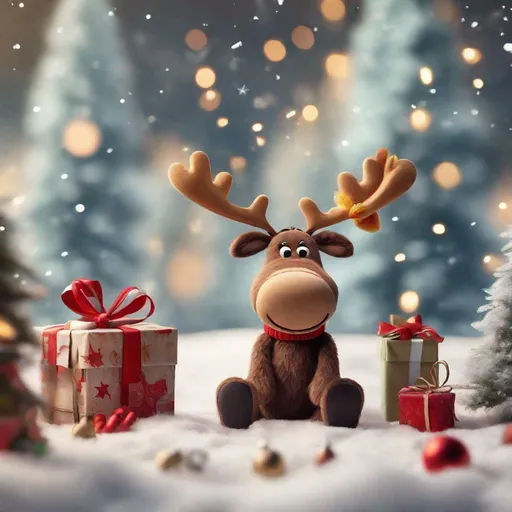 Prompt: Create a photo-realistic image of a cute Pixar-style, smiling moose with Christmas accessories, sitting in the snow. The background should feature a bright and sunny, snowy forest with fir trees adorned with Christmas garlands and decorations. This is for product photography, aiming for a whimsical and playful atmosphere within a sunny environment. It should be a medium shot with natural light, aiming for an ultra-realistic look.