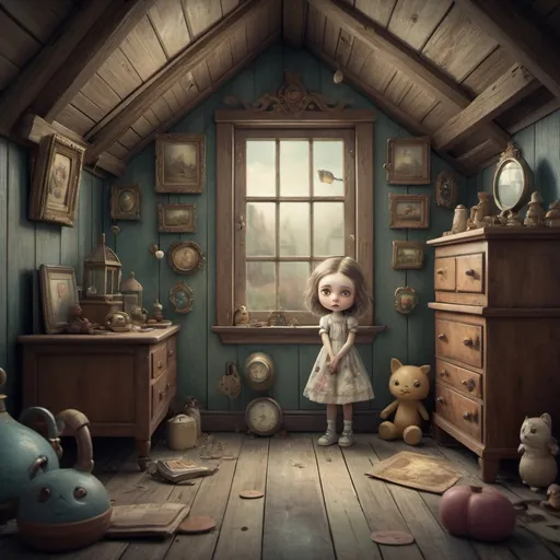 Prompt: strybk, Strange little girl locked away in an old attic, style Alexander Jansson , mark ryden, and nicoletta cceoli, Amazing and beautiful creation, muted colors , lots of details, very odd, strange, different, perfect, award winning art, highly detailed environment, 8k, characters and elements of the scenery entirely within the frame of the image, detailed realization, definition high quality, trending on artstation, sharp focus , intricate details, highly detailed, kids story book style, , kids story book style, muted colors, watercolor style,  award winning artwork, perfection , 8k, octane render, unreal engine, kids story book style, muted colors, watercolor style