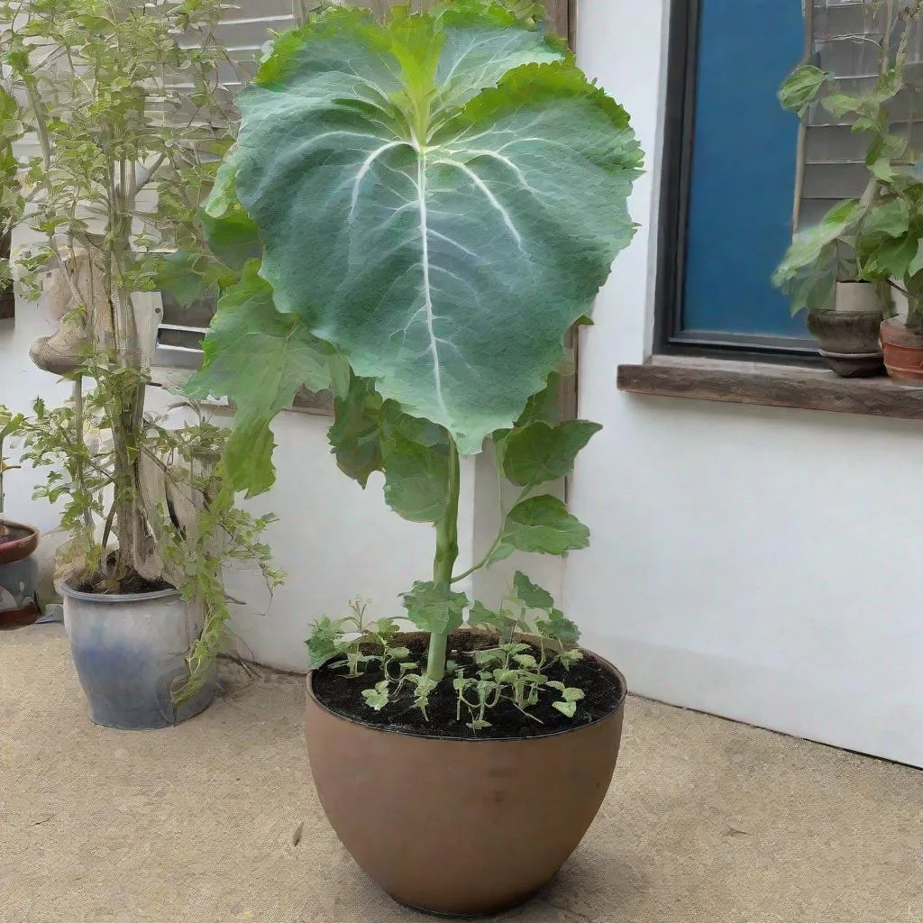 Prompt: plant with a tall stem growing outdoors in a large pot with a blue melon in the pot