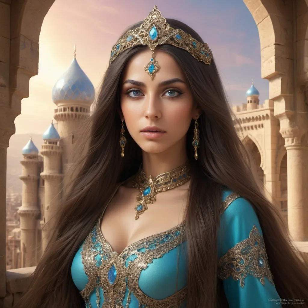 Prompt: Tamina as a Princess of persia, detailed beauty face, detailed beauty eyes, perfect long hair, surreal beauty, soft light, surrounded by Castle in Prince of Persia, surrounded by full color julia clusters fractal in hyperbolic space., long shot