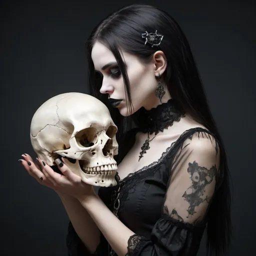 Prompt: Gothic girl holding the skull with both hands,face the skull,profile,realistic