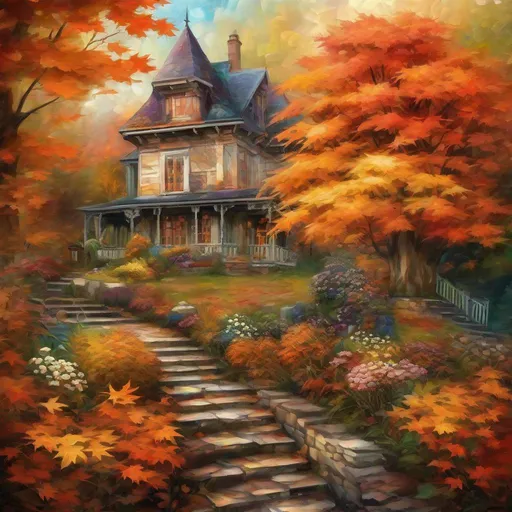 Prompt: a beautiful painting of autumnal scenery with maple leaves and beautiful house  and flowers  of garden "the picture of oil painting like an oil painting", Broken Glass effect, no background, stunning, something that even doesn't exist, mythical being, energy, molecular, textures, iridescent and luminescent scales, breathtaking beauty, pure perfection, divine presence, unforgettable, impressive, breathtaking beauty, Volumetric light, auras, rays, vivid colors reflects