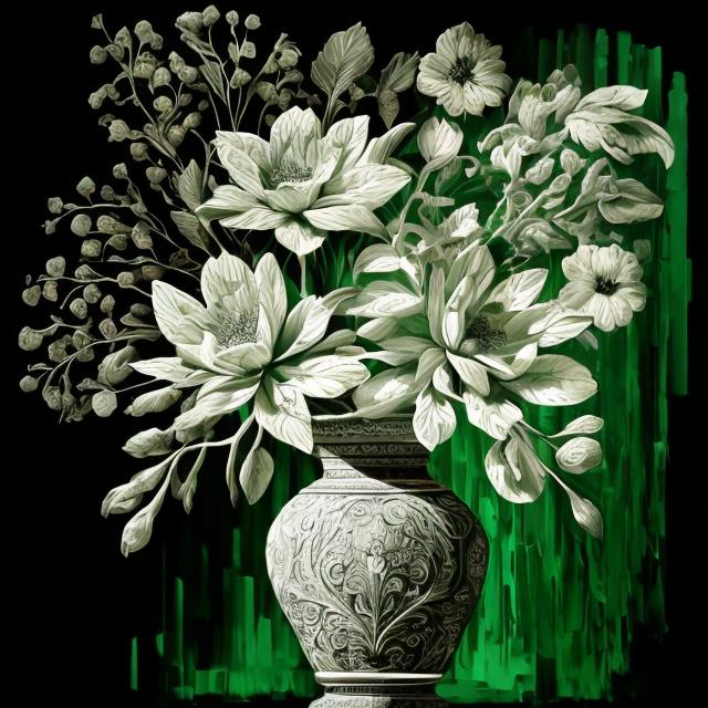 Prompt: Beautiful amazing art of intricate flowers in a green vase, against a black background, modern color with black and white, by art by alesso baldovinetti, trending on artstation, featured on behance, oil painting