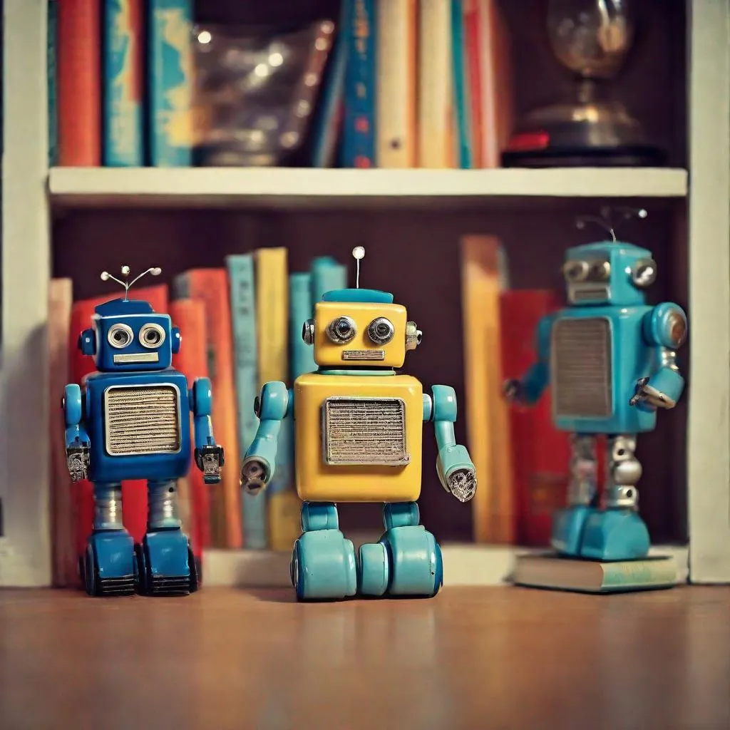 Prompt: Photograph of toy robots. 1950s style. having a party. On a shelf. Books in background. Night time. Depth of field 270mm.