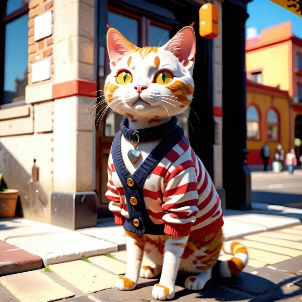 Prompt: A cat in fashionable clothes stands on the street, warm sunshine, warm colors, facing the camera, healing system, 3d, blender, redshift, realistic rendering details, high definition, 8k, --ar 3:4