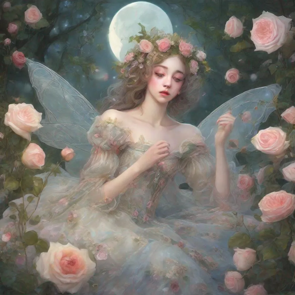 Prompt: ((in the style of Baroque artists))б dew pretty garden fairy found the moon on the lawn in her flowering roses garden,  transparent clothes