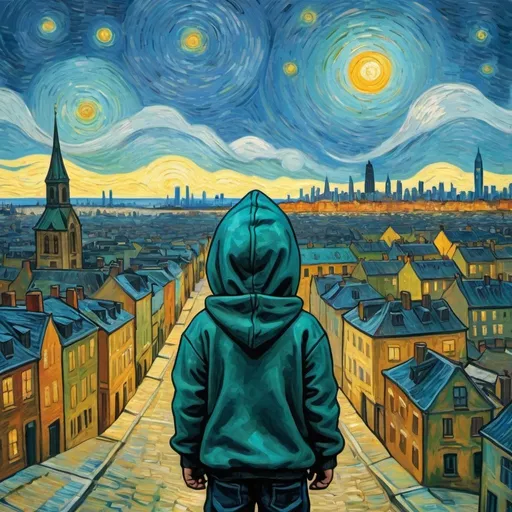 Prompt: Van Gogh style painting of a from behind view of a child in a hoodie looking up at a massive city