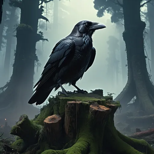 Prompt: raven sitting on the big old mossy stump in the middle of the ancient woods night detailed matte painting, deep color, fantastical, intricate detail, splash screen, complementary colors, fantasy concept art, 8k resolution trending on Artstation Unreal Engine 5 Epic cinematic brilliant stunning intricate meticulously detailed dramatic atmospheric maximalist digital matte painting , sharp focus, emitting diodes, smoke, artillery, sparks, racks, system unit, motherboard, by pascal blanche rutkowski repin artstation hyperrealism painting concept art of detailed character design matte painting, 4 k resolution blade runner