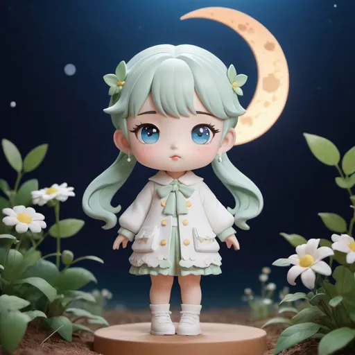 Prompt: Huangquan Moon Dew Luna . clay models, super cute girl by pop mart, IP, blind box toy,  stage background, patel color, delicate face, full body, chibi, nature lighting, 3D, OC renderer, 3D rendering, best quality