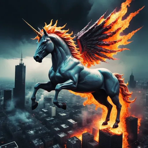 Prompt: Evil scary demon unicorn flying above the city on fire, hell coming to be on earth. monochromatic detailed painting geometric abstract art gothic art modern art surrealism volumetric lighting retroism wet brush 4K DSLR depth of field 3ds Max deviantart Substance Designer beautiful colorful detailed elemental fire expansive ominous horror glitchcore fantasy dark academia artwork deviantart colourful