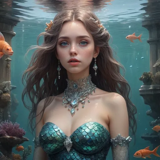 Prompt: Intricately detailed front facing elaborate beautiful mermaid, intricate glistening face, bright eyes, prismatic crystal clear dress, long hair, hyperdetailed painting by Ismail_Inceoglu Tom Bagshaw Dan Witz CGSociety ZBrush Central fantasy art 4K, under water Crystal Palace in background digital painting, digital illustration, extreme detail, digital art, ultra hd, vintage photography, beautiful, tumblr aesthetic, retro vintage style, hd photography, hyperrealism, extreme long shot, telephoto lens, motion blur, wide angle lens, deep depth of field, warm, anime Character Portrait, Symmetrical, Soft Lighting, Reflective Eyes, Pixar Render, Unreal Engine Cinematic Smooth, Intricate Detail, anime Character Design, Unreal Engine, Beautiful, Tumblr Aesthetic,  Hd Photography, Hyperrealism, Beautiful Watercolor Painting, Realistic, Detailed, Painting By Olga Shvartsur, Svetlana Novikova, Fine Art