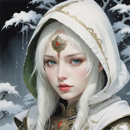 Prompt: Art, painted with paints,Detailed description, Pale skin, white hair, jade eyes, delicate pale lips, snow-white armor, white hood on the head,style of Yoshitaka Amano