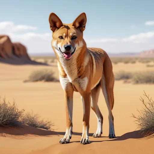 Prompt: A dingo is standing in the desert, ultra hd, realistic, vivid colors, highly detailed, UHD drawing, pen and ink, perfect composition, beautiful detailed intricate insanely detailed octane render trending on artstation, 8k artistic photography, photorealistic concept art, soft natural volumetric cinematic perfect light