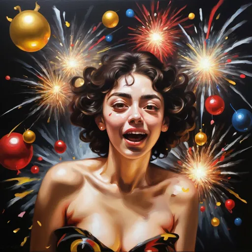Prompt: caravaggio oil painting spelling "Happy New Year! 2024", raw analog photo art, extravagant exploding art installation, over the top opulent new years celebration, exploding fireworks, k-pop! detailed, specific, perfect, best, masterpiece, nice, tight, cute & lovely,