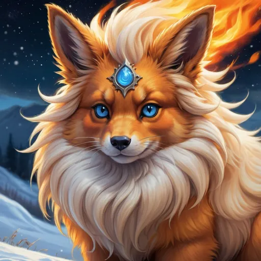 Prompt: {Flareon}, brilliant {blue eyes}, flame, fire element, feral, detailed artwork, beautiful oil painting, 64k, detailed background, snowy field, frost, deep starry sky, brilliant sunrise sky, big golden ears, beautiful dark muzzle, big beautiful 8k eyes, brave, vivid colors, thick fluffy fur, glowing fiery aura, thick billowing mane, intricately detailed fur, beautiful detailed eyes, , by Anne Stokes, golden ratio, perfect proportions, vibrant, hyper detailed, complementary colors, UHD, beautiful detailed background