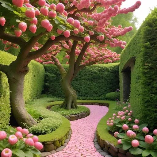 Prompt: tree :: strawberry pink covered pretzel, covered in pink flowers, growing in a beautiful garden with stone paths + green hedges, tranquility