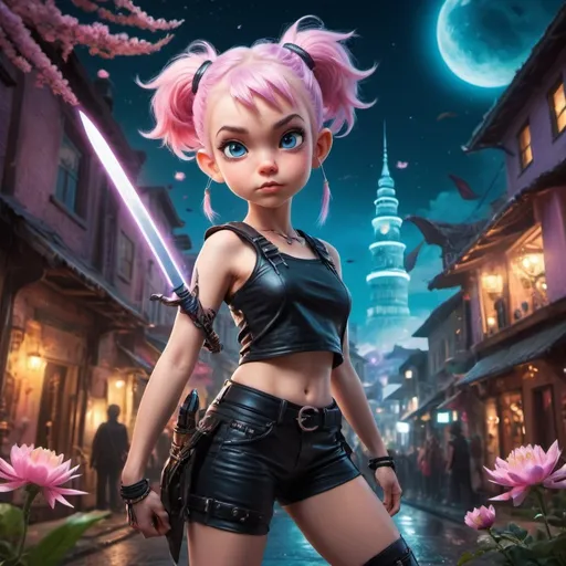 Prompt: cute adorable female pixie  standing in a mythical city at night, expression of determination,  blue eyes, action pose, light pink hair in space buns, uses daggers as weapons, bohemian ninja leather fashion, urban fairytale ambience, masterpiece, extremely detailed, complex composition, fantasy, wide angle, glowing, splashes of flower, colorful painting, rich color HDR,  Dr. Seuss, digital art with magical creatures in the background
