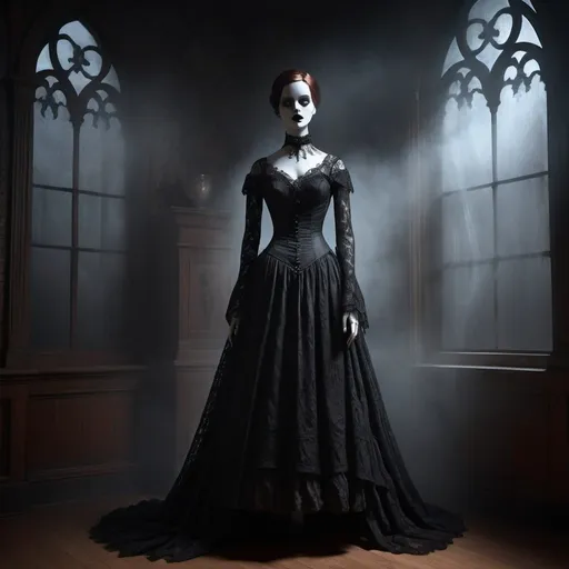 Prompt: Mannequin adorned in a gothic dress, lace detailing, draped silhouettes, perched against an obscure, ominous backdrop with hints of Victorian architecture, shrouded in mist, selective illumination casting long, twisted shadows, creating an eerie ambiance, digital painting with a touch of gothic horror, dramatic lighting, ultra realistic.