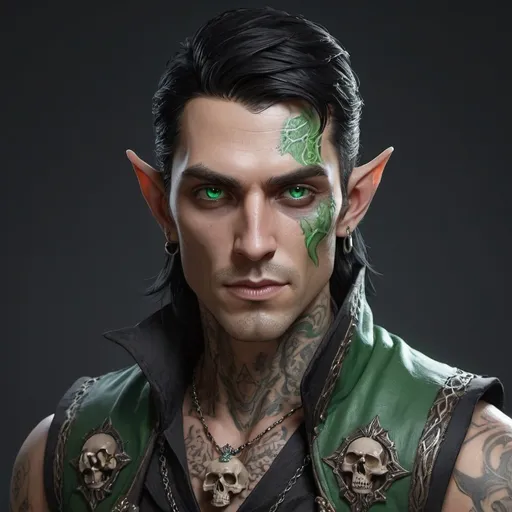 Prompt: half-elf male necromancer black hair, plague mage, undead, skull face tatoo, green eyes,  fantasy character mystic vest fashion adventurer dnd detailed face portrait, trending on artstation, sharp focus, studio photo, intricate details, highly detailed, by greg rutkowski