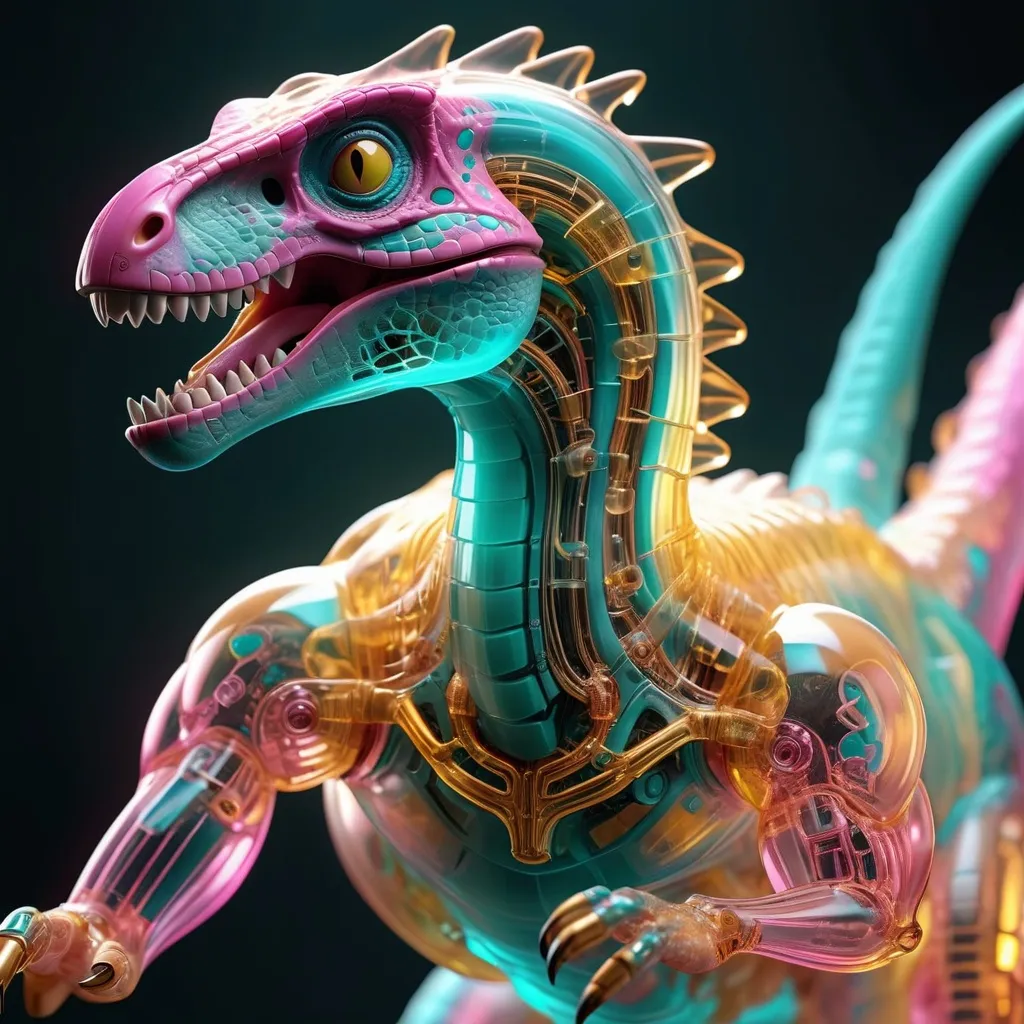 Prompt: a translucent raptor dinosaur in biomechanical body, liquid cooling, intricate circuits, beautiful, elegant, colorful gradient with turquoise, abberation and golden smoke and pink crystal liquid, stunning, render, hyper realistic, octane render, HDR, raytracing, octane render, UE5, autodesk 3D render, extreme detail