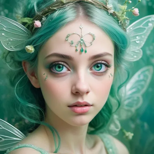Prompt: Spring fairy, large expressive shiny eyes, shabby chic dreamy glow, emerald and blue threads, a suspension of silver pollen, pastel colors, spring fairy tale, surrealism, bright lighting, digital photo, high quality_